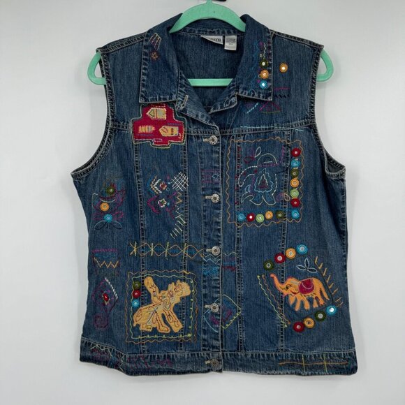Chicos Womens Denim Vest Art to wear Button Front Boho 2 Large Blue Embroidered - Picture 1 of 15